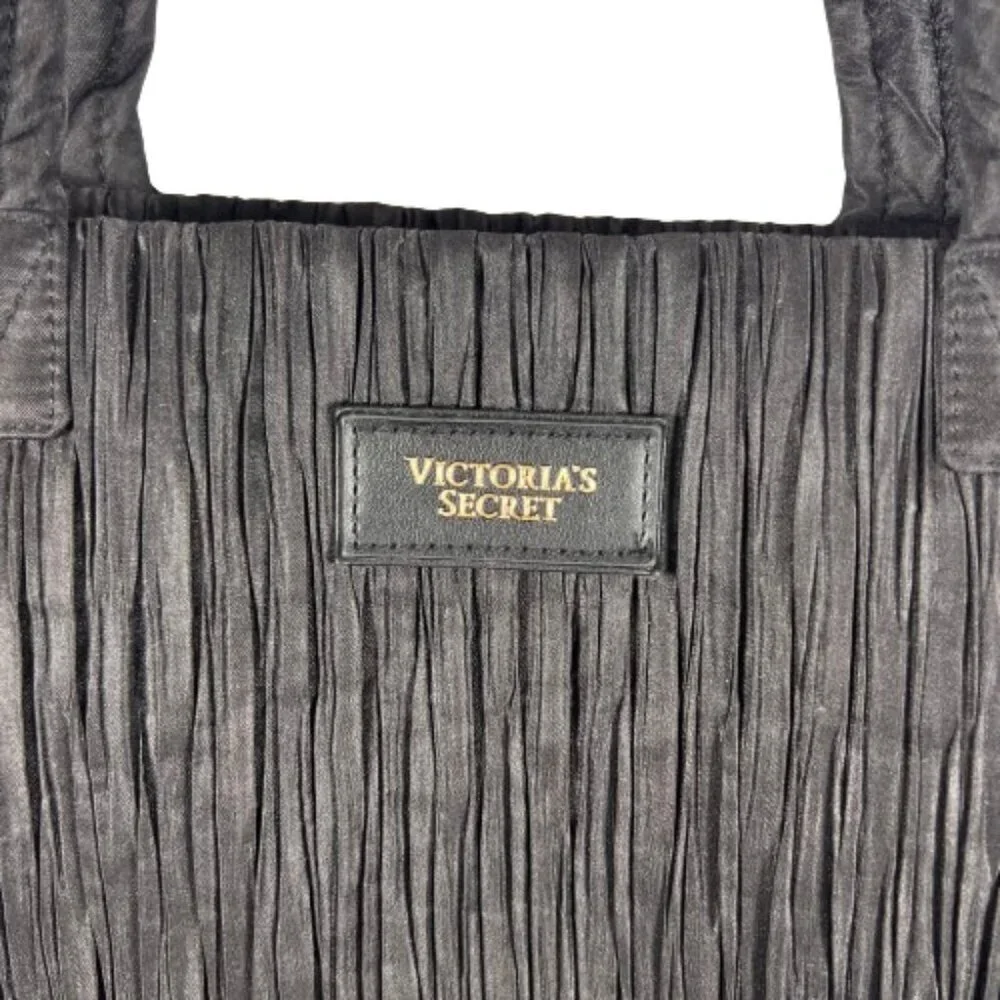 Victoria's Secret Womens Tote Bag Crinkle Nylon‎ Black Travel Vacation Weekend
